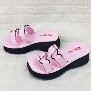 Good Will Flip Pink Hologram Patent Demonia Goth Slip On Wedge Sandals Heart